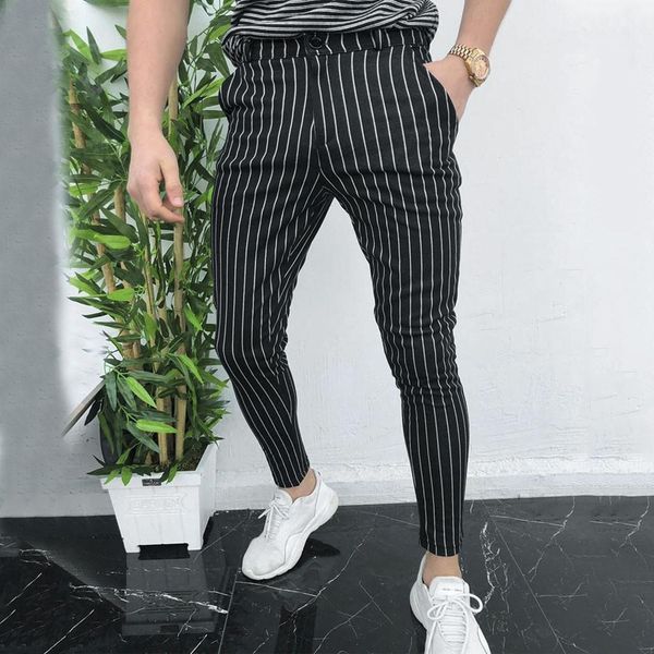 2019 men dress pants mens skinny casual trousers slim fit business mens suit pants formal plaid size, Black
